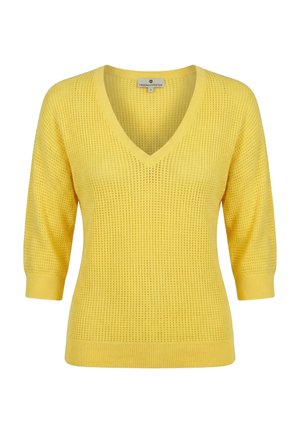 Gele gebreide V-hals trui met driekwart mouwen en geribbelde boorden en zoom, voorzien van een gestructureerd wafelpatroon.