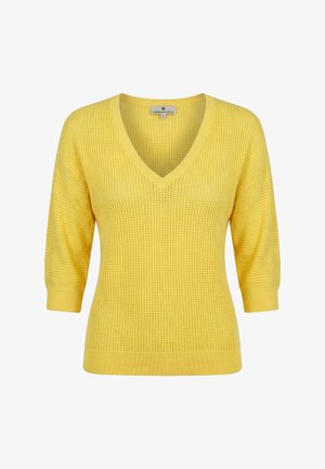 Gele gebreide V-hals trui met driekwart mouwen en geribbelde boorden en zoom, voorzien van een gestructureerd wafelpatroon.