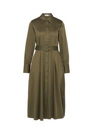 Olivgrünes, langärmeliges Midikleid mit spitzem Kragen, passendem Gürtel mit Schnalle und geknöpften Manschetten.