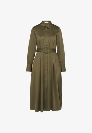 Olivgrünes, langärmeliges Midikleid mit spitzem Kragen, passendem Gürtel mit Schnalle und geknöpften Manschetten.