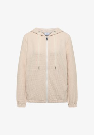 Lichtbeige hoodie met ritssluiting, een gestructureerd patroon, verstelbare trekkoorden en een witte ritssluiting. Voorzien van lange mouwen met elastische boorden.