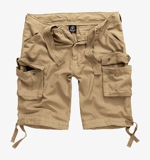 Pantaloni scurți cargo bej, dintr-un material ușor, cu multiple buzunare laterale, cordon ajustabil la talie și un design lejer.