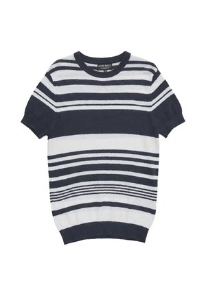 Pull en maille à manches courtes rayé bleu marine et blanc avec col rond et largeurs de rayures horizontales variables sur le corps et les manches.