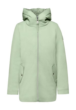 Jasna zielona kurtka z kapturem, zapinana na zamek z przodu i z patkami na kieszeniach, zaprojektowana na zimne warunki pogodowe.