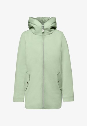 Lichtgroen gewatteerd jack met capuchon, voorzien van een ritssluiting aan de voorkant en klepzakken, ontworpen voor koud weer.