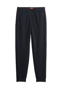 Pantalones de chándal negros hechos de una tela suave con una cinturilla elástica, bolsillos laterales y puños acanalados; presenta un sutil logo cerca de la cinturilla.