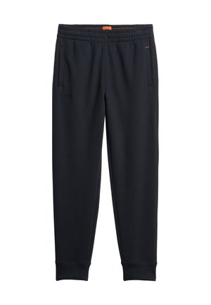 Sorte sweatpants lavet af blødt stof med elastisk talje, sidelommer og ribbede manchetter; har et diskret logo nær taljen.