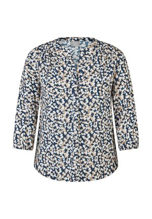 Langarmbluse mit marineblauem Hintergrund und verstreutem beigem und weißem abstraktem Blumenmuster, mit rundem Ausschnitt und drei Knöpfen.