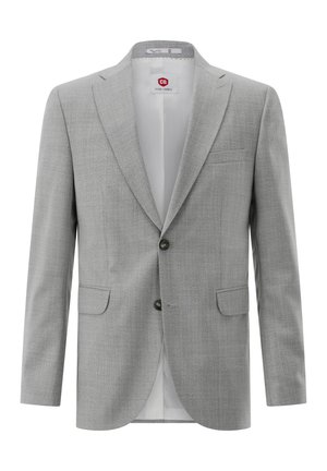 Hellgrauer Herrenblazer mit Kerbklappen, zwei Frontknöpfen, Pattentaschen und einer Brusttasche, offen getragen und frontseitig dargestellt.