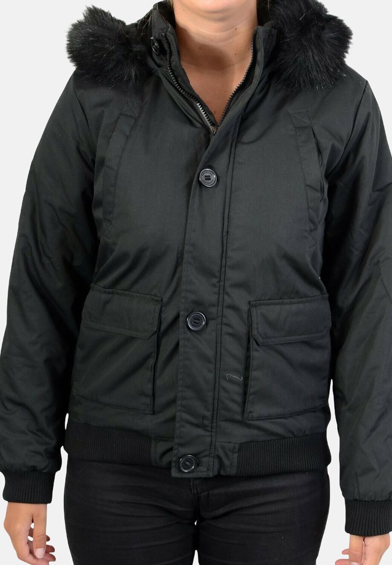 Veste noire matelassée avec capuche bordée de fourrure, équipée de boutons, deux poches avant et poignets côtelés. Texture lisse avec une finition mate.