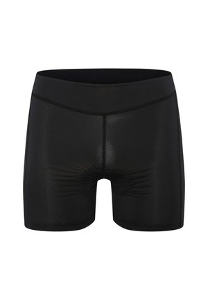 Schwarze, gepolsterte Radhosen aus perforiertem Stoff mit elastischem Bund, entwickelt für Komfort und Belüftung während der Fahrt.