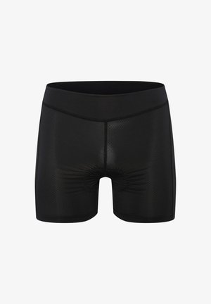 Schwarze, gepolsterte Radhosen aus perforiertem Stoff mit elastischem Bund, entwickelt für Komfort und Belüftung während der Fahrt.