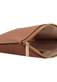 Brown textured faux leather pouch with a gold zipper, angled open to reveal a smooth interior. Compact design suits various small items.