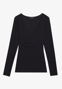 Zwarte top met lange mouwen, een V-hals en kanten randje. Slim fit, zacht materiaal, gladde textuur en minimalistisch ontwerp.