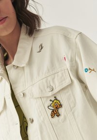 Off-white denim-takki, jossa on monivärisiä brodeerattuja päällysteitä, mukaan lukien muurahaisdesign, kukkakoristeet ja napeilla suljettavat yksityiskohdat.