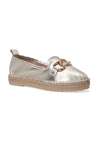 Metallicgoldene Espadrille-F flats mit runder Zehenpartie, gewobenem Jute-Mittelteil und Schlaufe an der Oberseite. Glatte Textur mit glänzendem Finish.