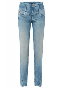 Ljusblå denimjeans, slim fit med en blekt finish. Har fem fickor, knäppning med knapp och sydda detaljer vid fickorna.