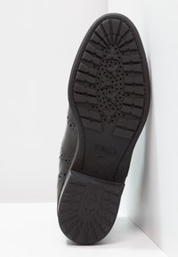 Suela de zapato Geox negra con patrones de dibujo en forma de triángulo y agujeros de ventilación, fotografiada contra esquinas blancas.