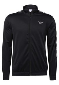 Černá sportovní bunda na zip s dlouhými rukávy, vyrobená z hladké tkaniny. Má bílé pruhované detaily a logo na přední straně.