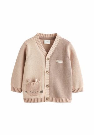 Beige toddler cardigan med knapper, ribkrave og manchetter, en lille lomme formet som en katteansigt med ører og etiketten "Little One".