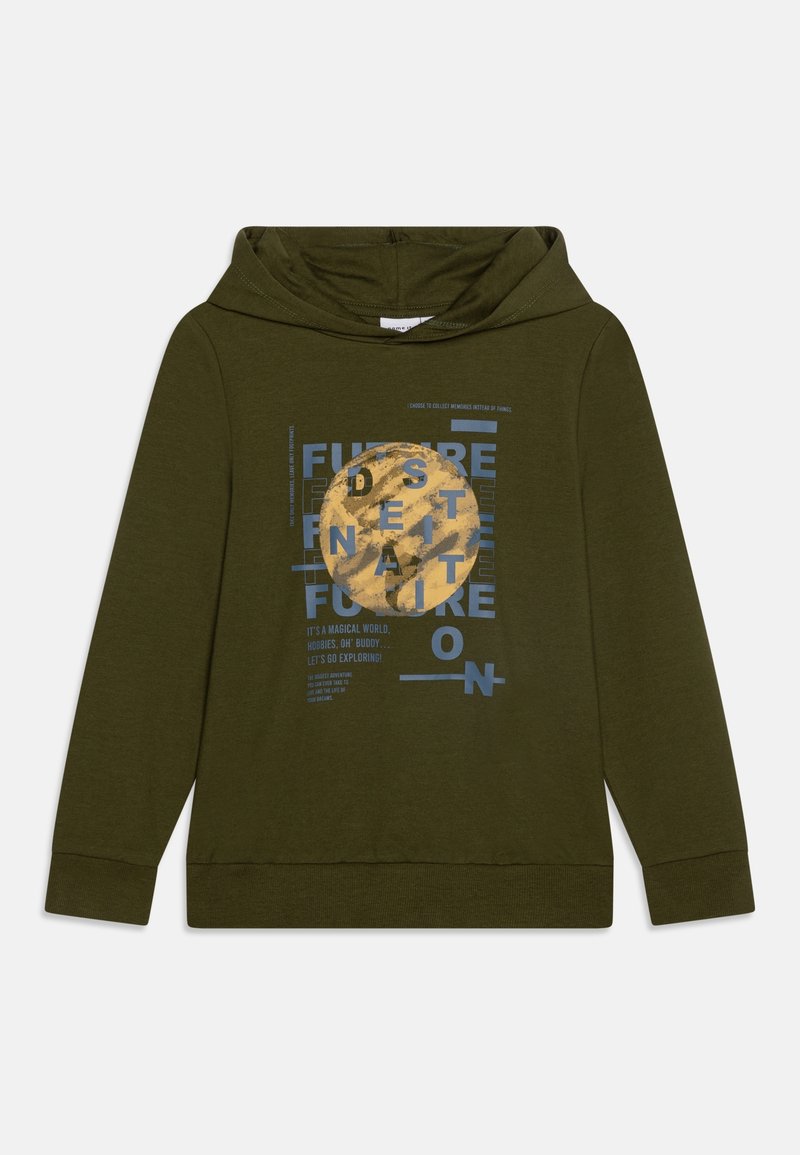 Sweat à capuche vert olive avec un design graphique représentant une planète jaune et un texte bleu indiquant « Destination Future ».