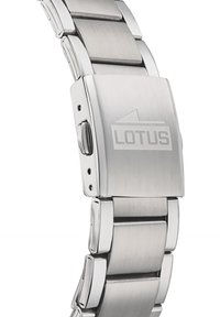 Stainless steel watch band with a brushed finish, featuring a fold-over clasp and engraved "LOTUS" logo. Smooth links in a streamlined design.