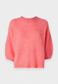 Rosa strikket genser, rund hals, cropped design, korte ermer, teksturert stoff med løs passform, ribbestrikkede kanter, og ingen synlige lukkinger.