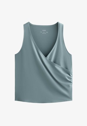 Svijetloplavi top bez rukava s V-izrezom, omotnim dizajnom i naboranim detaljem sa strane. Izrađen od glatke tkanine s blagim sjajem.