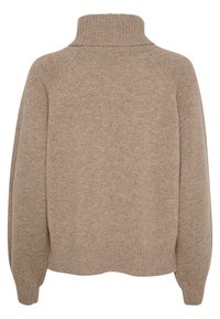 Beige, magas nyakú pulóver puha kötött anyagból, raklanszabású ujjakkal és bordázott mandzsettákkal, valamint szegéllyel. Egyszerű, díszítetlen dizájn.