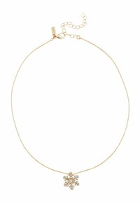 Gold chain necklace featuring a snowflake pendant adorned with small clear crystals, intricate detailing, and a lobster clasp fastening.