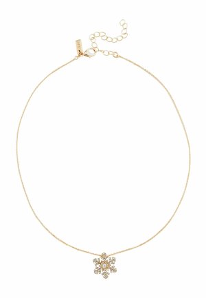 Gold chain necklace featuring a snowflake pendant adorned with small clear crystals, intricate detailing, and a lobster clasp fastening.