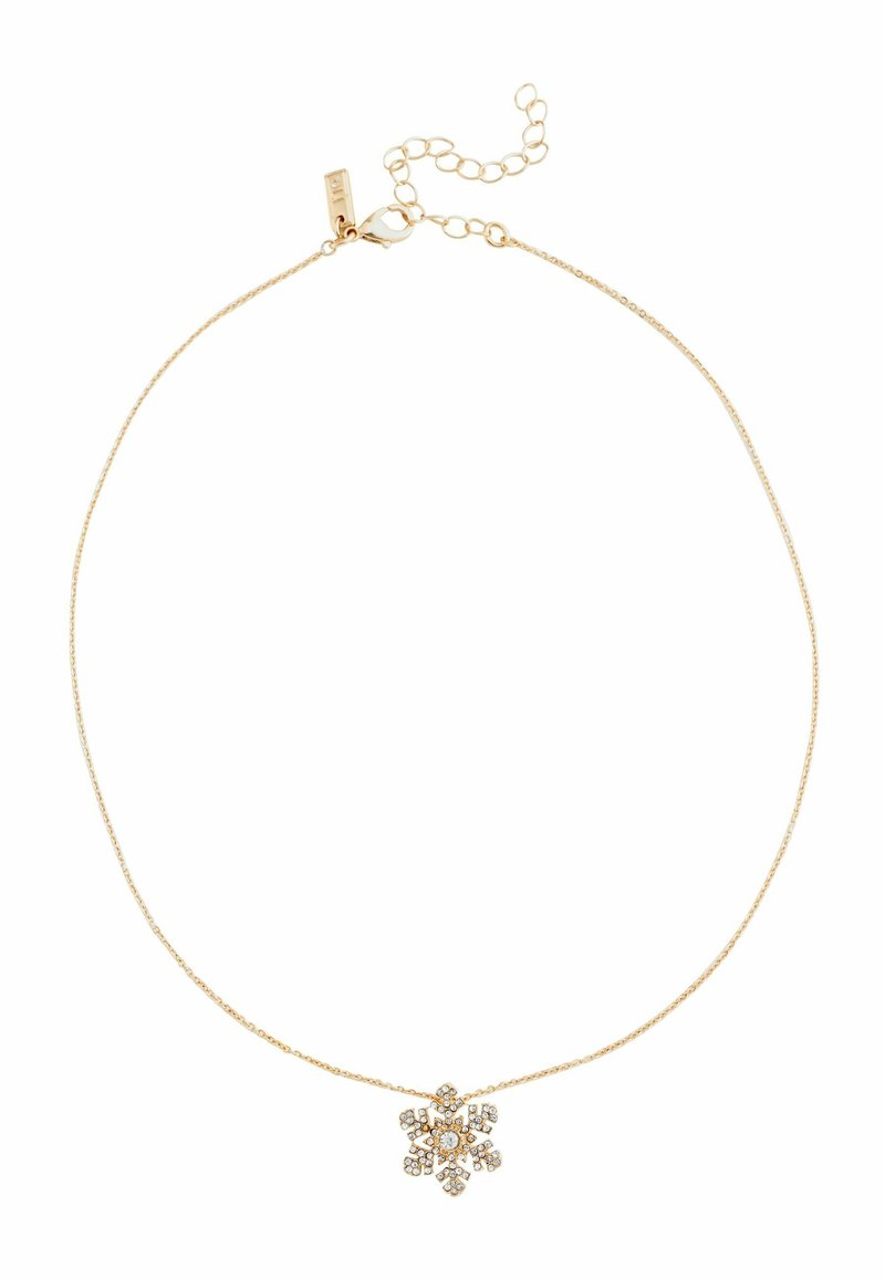 Gold chain necklace featuring a snowflake pendant adorned with small clear crystals, intricate detailing, and a lobster clasp fastening.