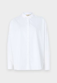 White long-sleeve button-up shirt with a classic collar, made from smooth fabric, featuring subtle side slits at the hem.