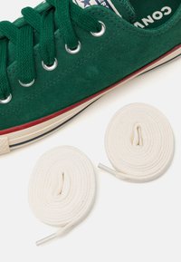 Zapatilla de ante verde con ojales y cordones blancos, que cuenta con una suela de goma roja. Dos cordones de algodón blanco enrollados con terminales de plástico al lado del zapato.