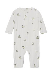 Weißes Baby-Overall aus weichem Stoff, mit einem hellgrünen Birnenmuster, langen Ärmeln und einer Fronttasche mit Druckknöpfen.