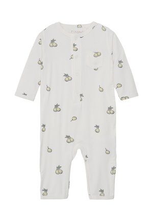 Weißes Baby-Overall aus weichem Stoff, mit einem hellgrünen Birnenmuster, langen Ärmeln und einer Fronttasche mit Druckknöpfen.