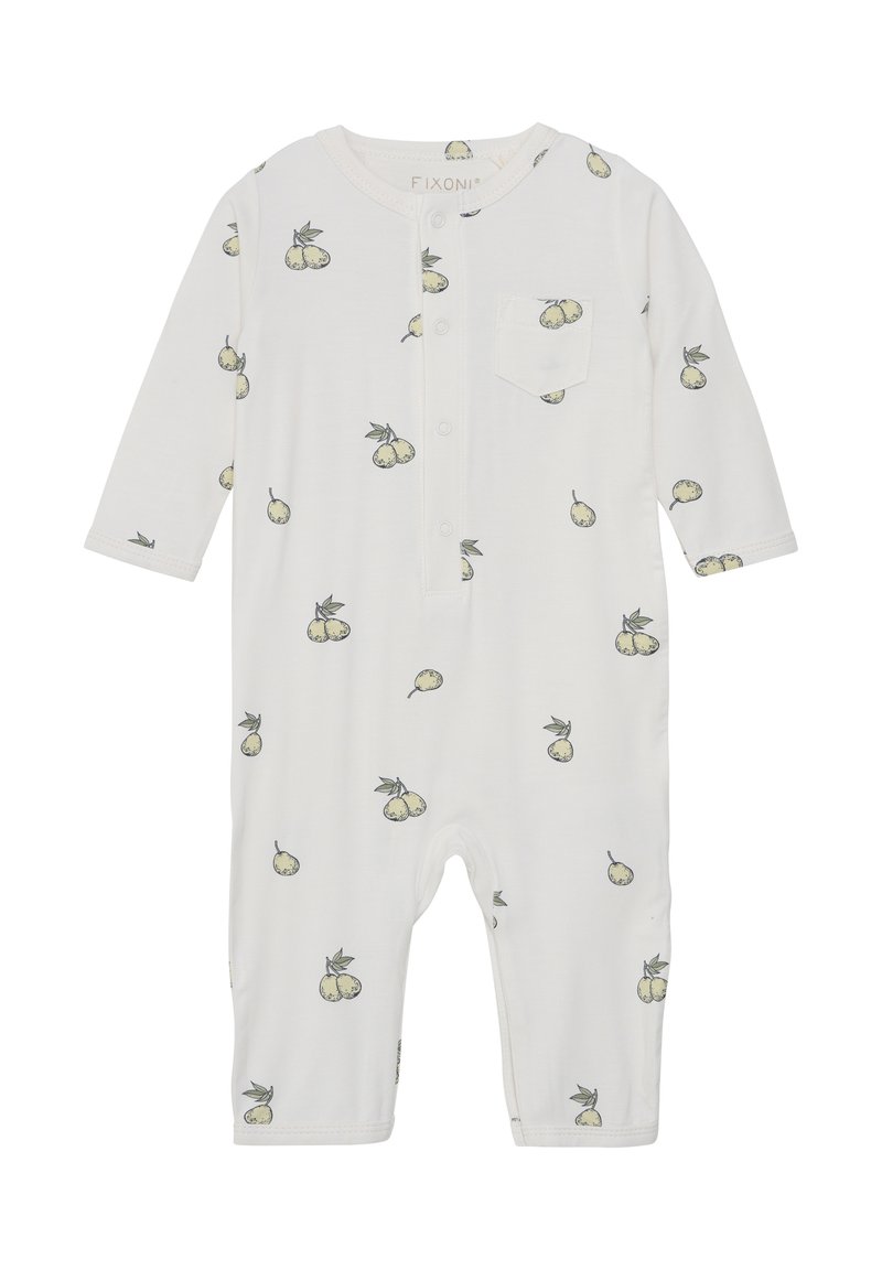 Weißes Baby-Overall aus weichem Stoff, mit einem hellgrünen Birnenmuster, langen Ärmeln und einer Fronttasche mit Druckknöpfen.