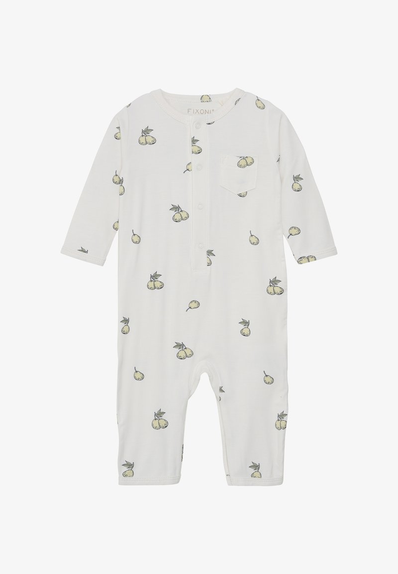 Weißes Baby-Overall aus weichem Stoff, mit einem hellgrünen Birnenmuster, langen Ärmeln und einer Fronttasche mit Druckknöpfen.