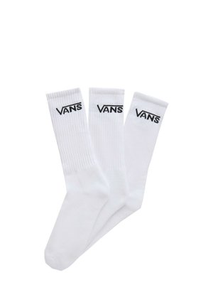 Tre calzini bianchi crew con polsini a coste, ciascuno con un logo nero Vans vicino alla parte superiore.