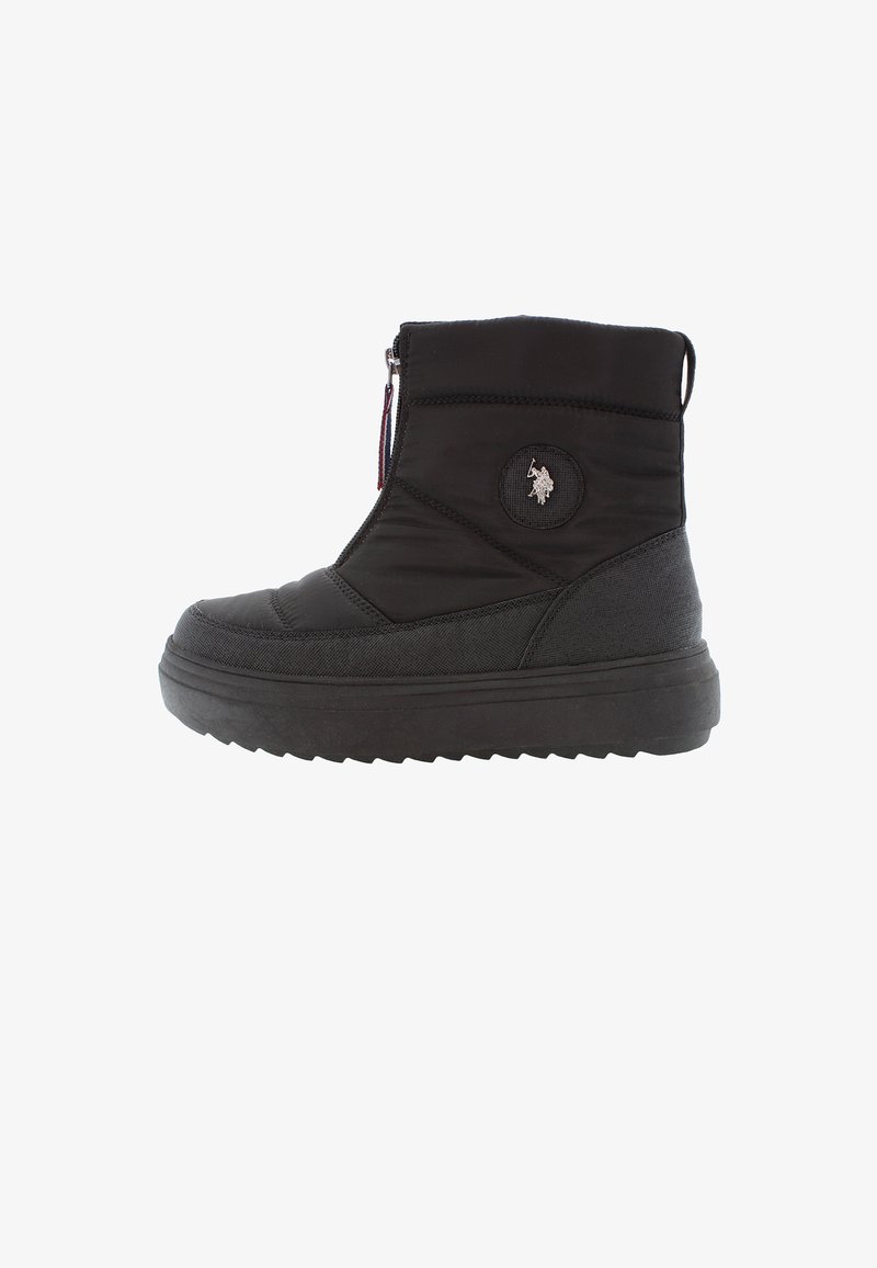Black insulated ankle boot with a zip closure, featuring a textured fabric upper, a round logo patch, and a thick rubber sole.