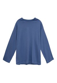 Niebieska bawełniana koszula z długim rękawem, okrągłym dekoltem, luźnym krojem i opuszczonymi ramionami. Gładka faktura, prosty design, bez wzorów ani akcentów.