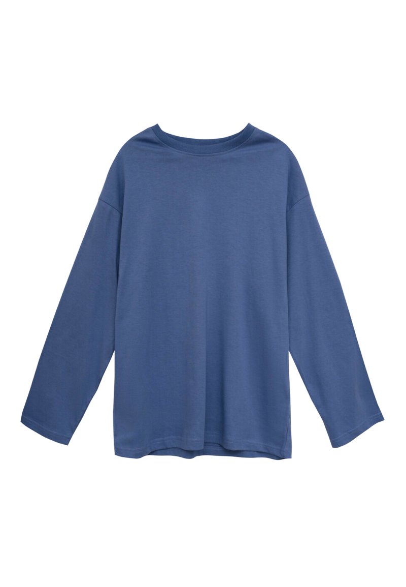 Niebieska bawełniana koszula z długim rękawem, okrągłym dekoltem, luźnym krojem i opuszczonymi ramionami. Gładka faktura, prosty design, bez wzorów ani akcentów.