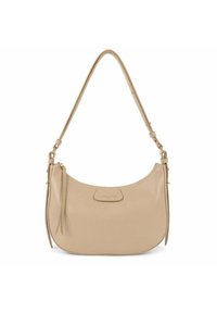Borsa a spalla in pelle beige con forma curva, dotata di una singola tracolla, hardware color oro e dettaglio con logo impresso sul fronte.