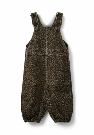 Salopette ample pour enfants avec bretelles réglables et motif léopard marron sur le tissu.