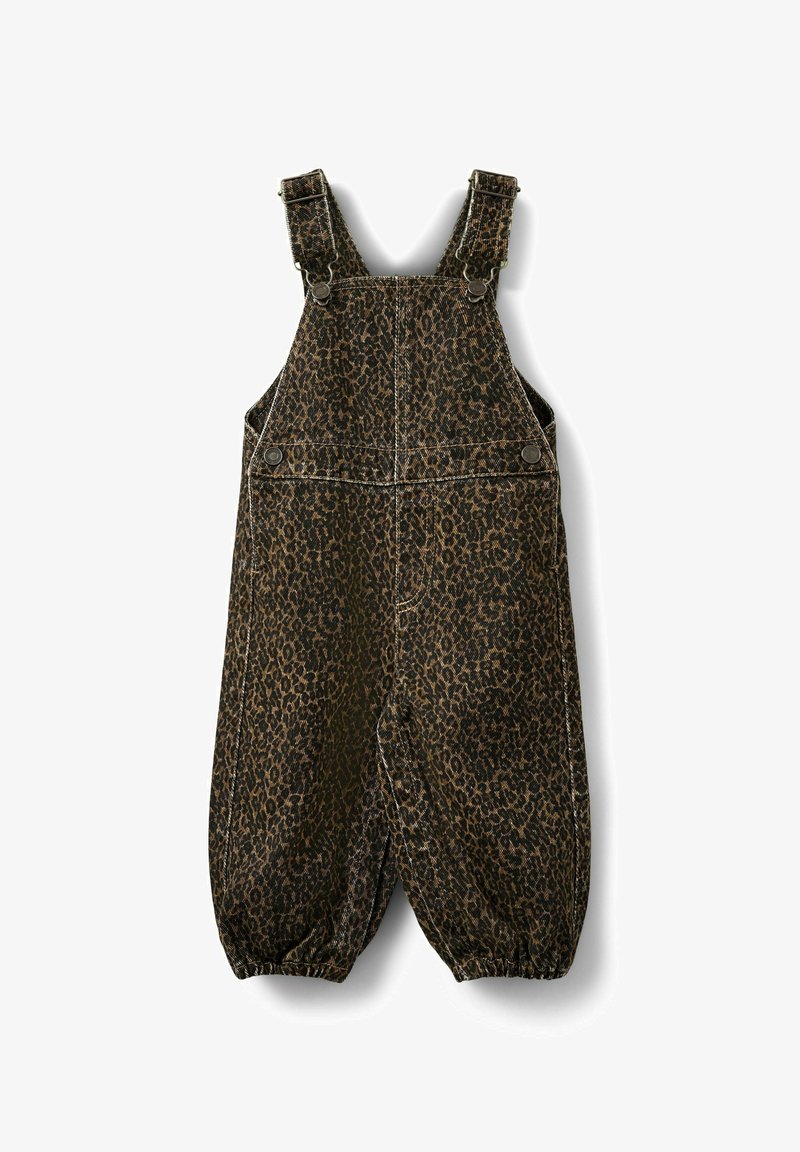Salopette ample pour enfants avec bretelles réglables et motif léopard marron sur le tissu.