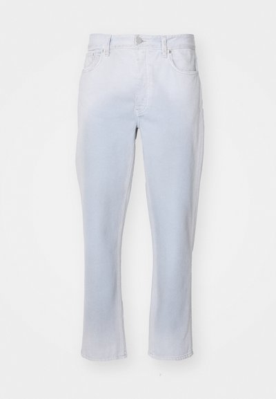Light wash denim jeans featuring a straight leg cut, button and zipper front closure, and two side pockets with a soft texture.