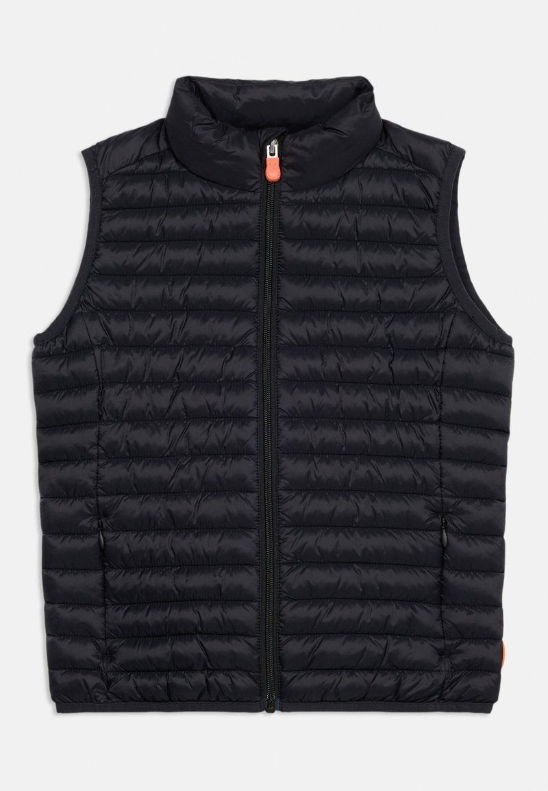 Μαύρο γιλέκο χωρίς μανίκια με επένδυση που έχει ψηλό γιακά, μπροστινό φερμουάρ και δύο τσέπες με φερμουάρ στα πλαϊνά, σχεδιασμένο για ελαφριά ζεστασιά.
