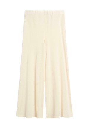 Weit geschnittene, hochtaillierte Creme-farbene Hose mit einem glatten Bund, gefertigt aus einem weichen, leichten Stoff.