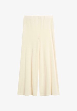 Wijde, hooggetailleerde crèmekleurige broek met een gladde tailleband, gemaakt van een zachte, lichtgewicht stof.