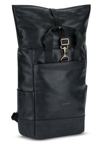 Black faux leather backpack with a roll-top design, side pockets, and gold hardware accents. Sturdy fabric with a smooth texture.